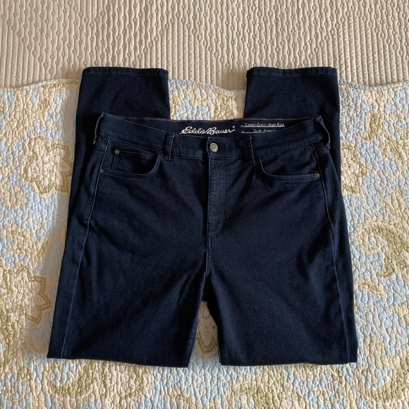 Eddie Bauer Denim - Eddie Bauer Women's Slightly Curvy High-Rise Slim Straight Jeans, 14, Dark Rinse